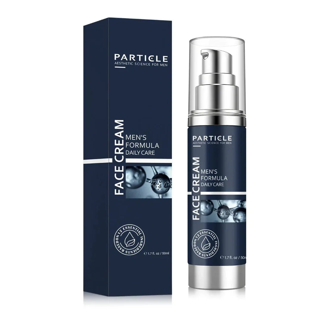Particle men's face cream with packaging on a white background