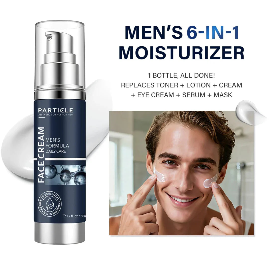 Men's 6-in-1 moisturizer with a man applying cream to his face.