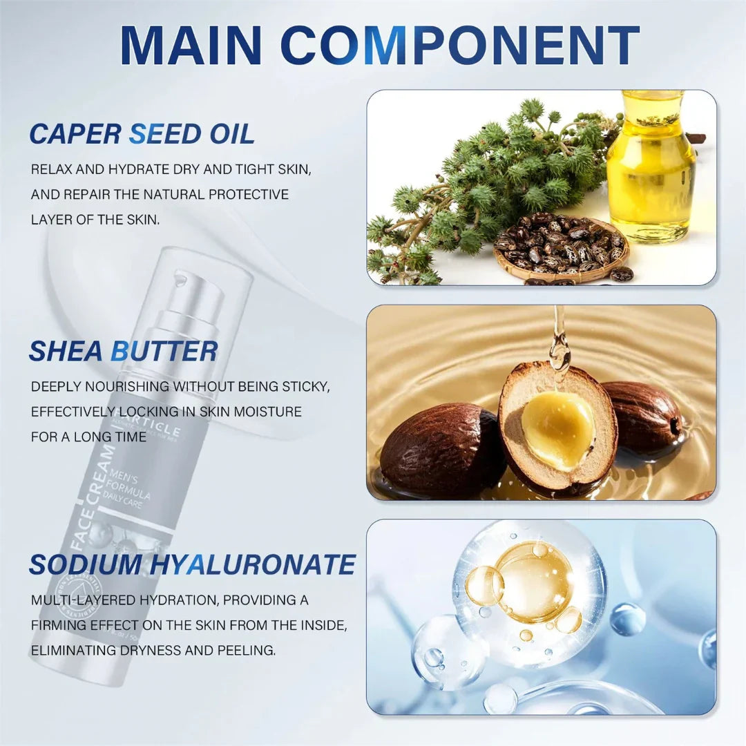 Product description card with caper seed oil, shea butter, and sodium hyaluronate as main components.