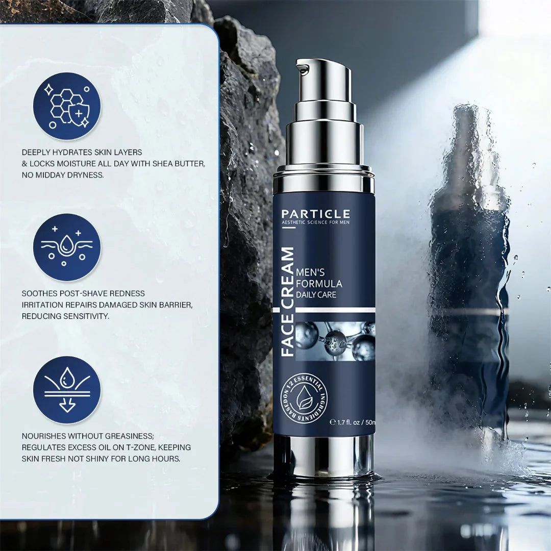 Particle Face Cream bottle with packaging details on a dark background