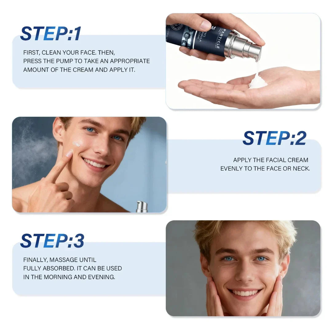 Step-by-step guide on applying facial cream with text and images of a person using the product.