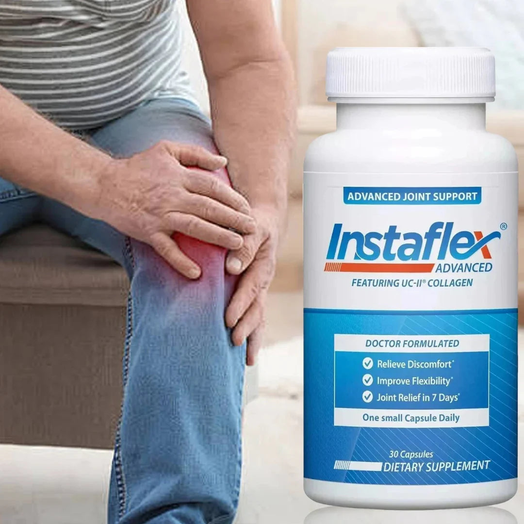 Person holding knee with Instaflex Advanced Joint Support supplement bottle in foreground