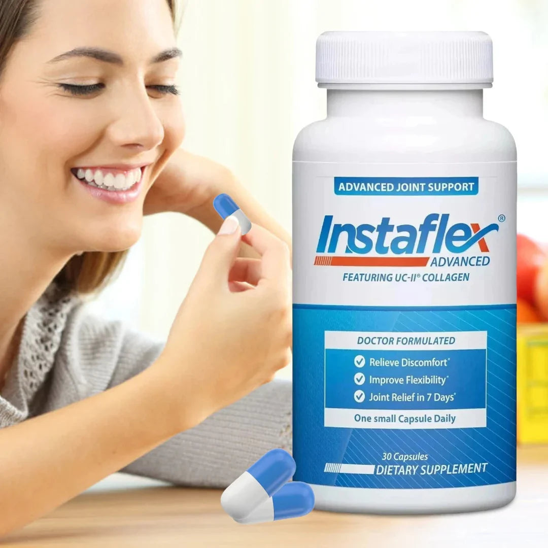 Instaflex Advanced Joint Support supplement bottle with a woman holding a capsule on a light background