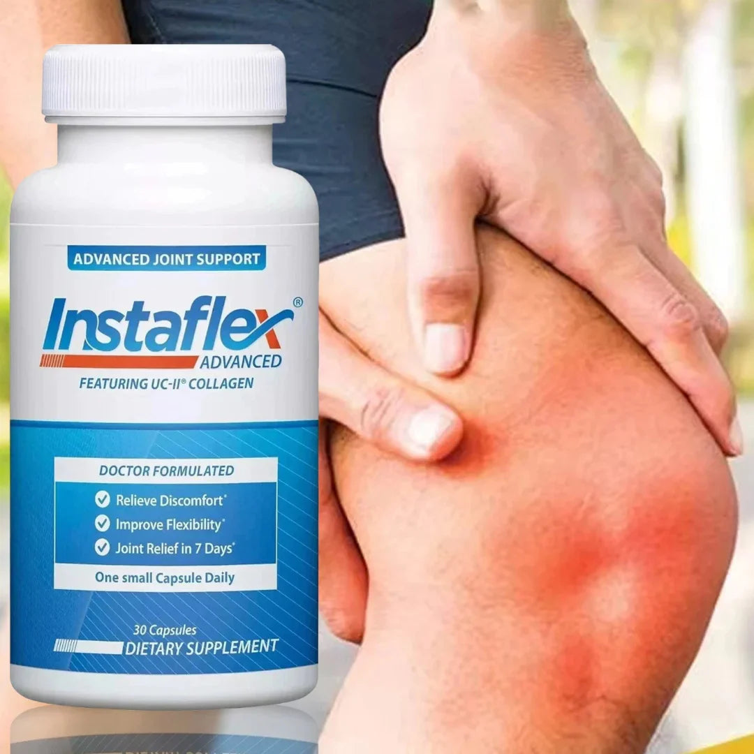 Instaflex Advanced joint support supplement bottle with a person holding a knee showing redness.