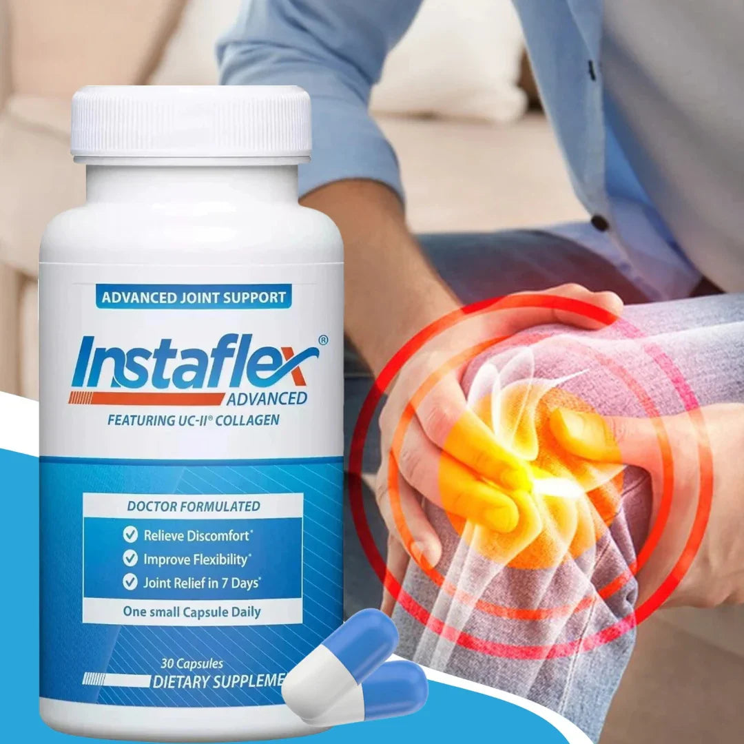 Instaflex Advanced joint support supplement bottle with a person holding a knee showing inflammation.