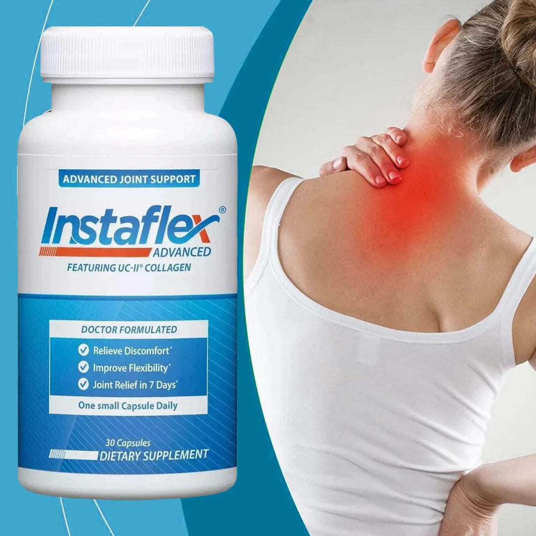 Instaflex Advanced joint support supplement bottle with a person experiencing shoulder pain.