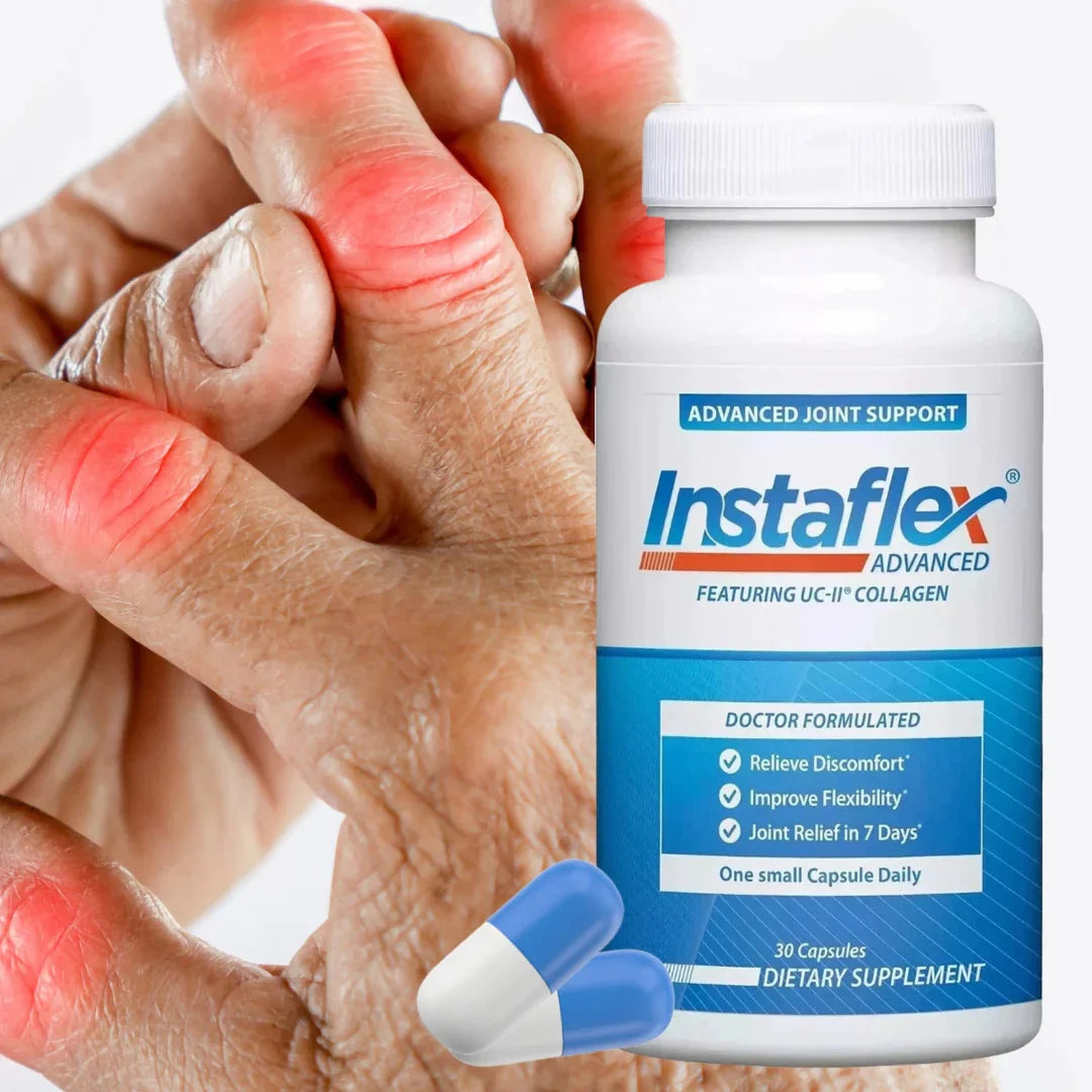 Instaflex Advanced joint support supplement bottle with a hand holding a pill, showing joint pain.