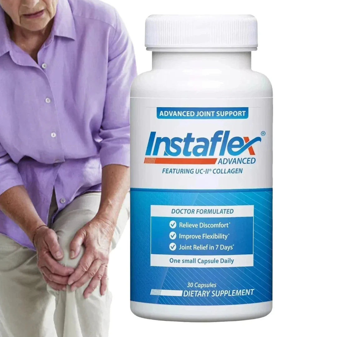 Instaflex Advanced joint support supplement bottle with a person holding their knee.