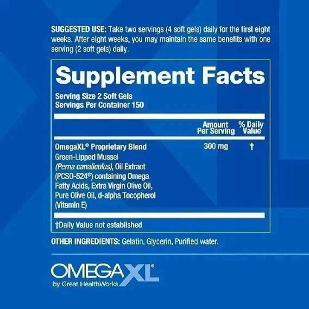Supplement facts label for OmegaXL by Great HealthWorks on a blue background