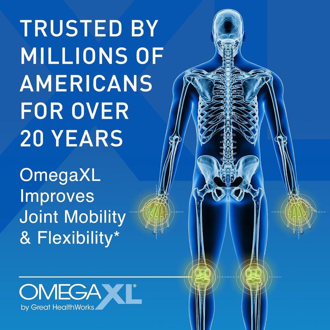 Advertisement for OmegaXL showing a human skeleton with highlighted joints on a blue background.