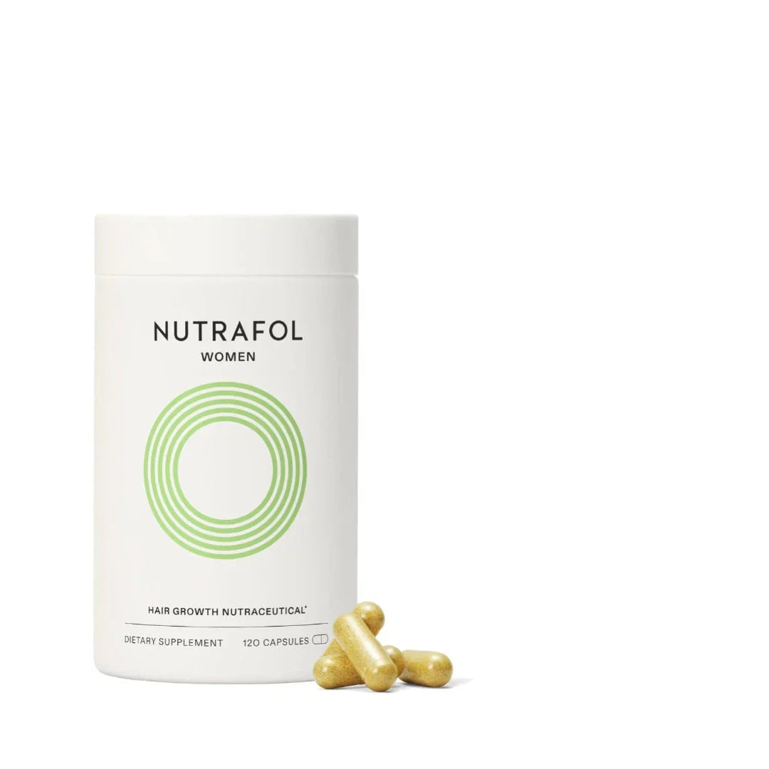 Nutrafol hair growth supplement packaging with capsules and promotional text on a white background.