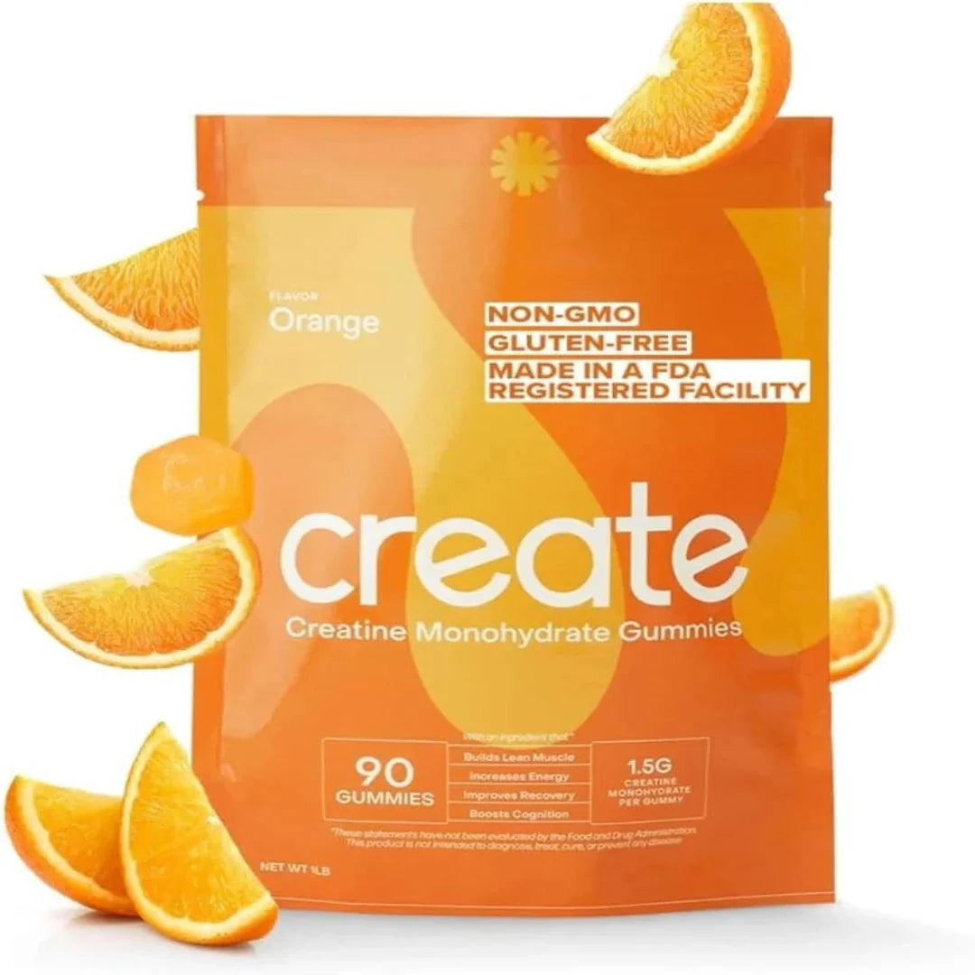 Orange gummy supplement package with 'create' branding and orange slices on a white background