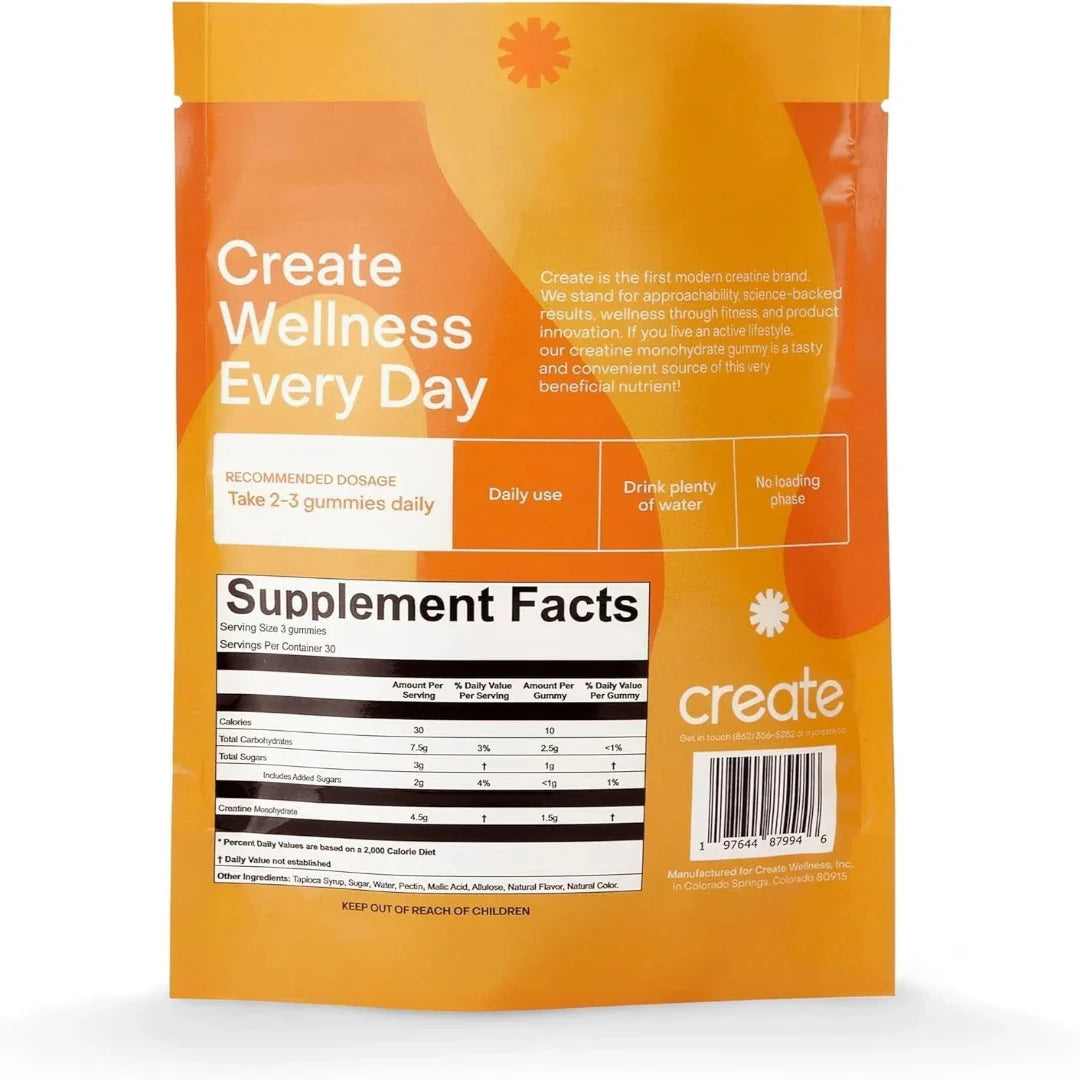 Supplement package with 'Create Wellness Every Day' branding on an orange background