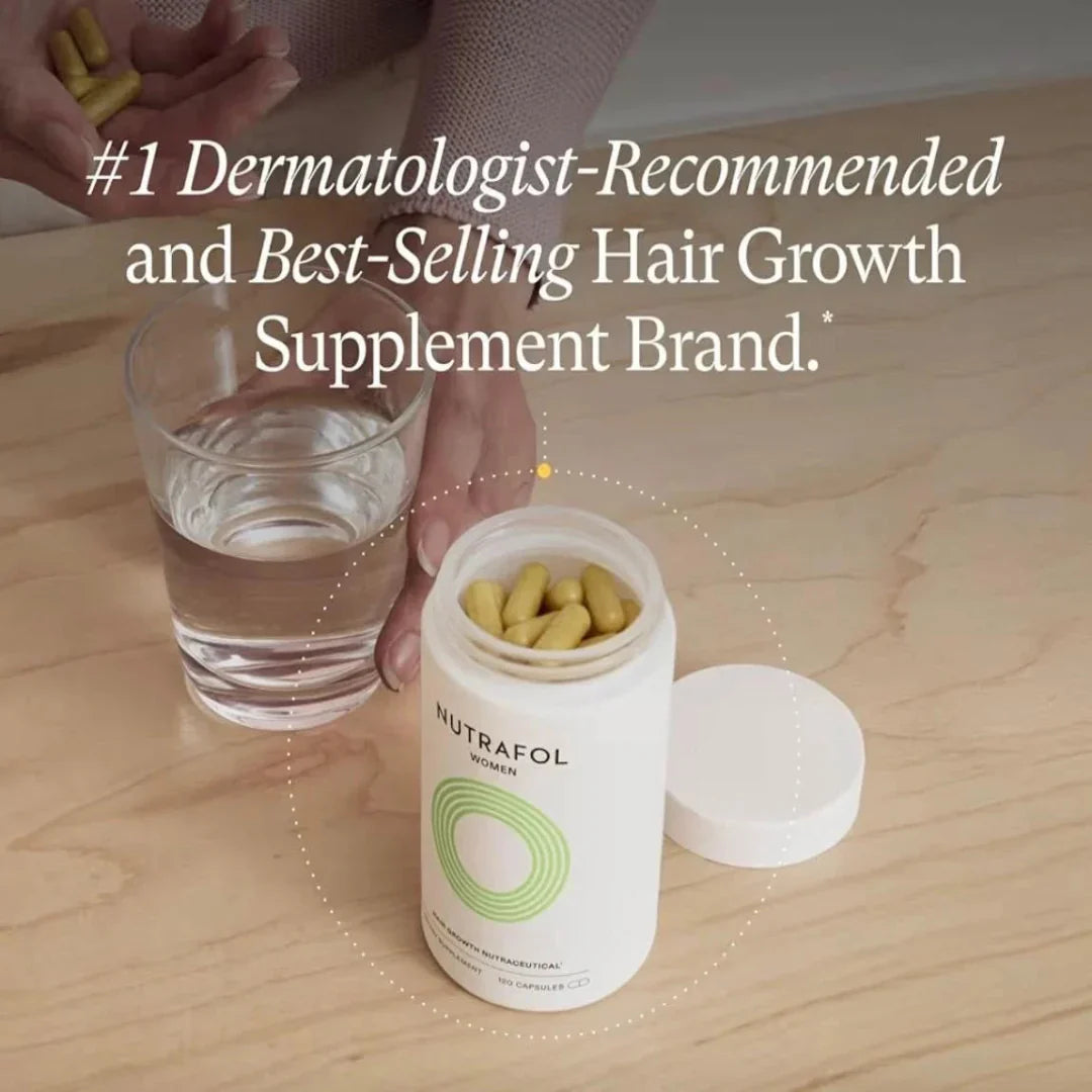 Nutrafol hair growth supplement bottle with pills and water on a wooden surface, labeled as a dermatologist-recommended brand.