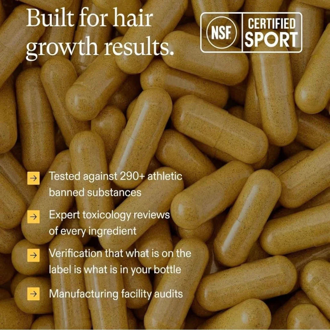 Supplement capsules with NSF Certified Sport logo and text about hair growth results and product verification.