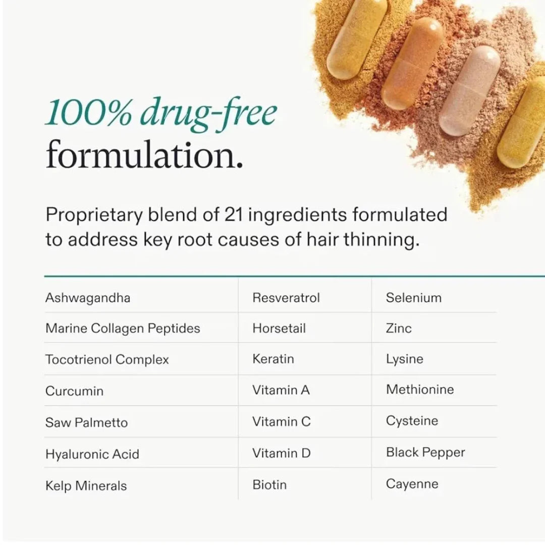 Product packaging with ingredients listed for a hair thinning solution, featuring Ashwagandha, Resveratrol, and other components.