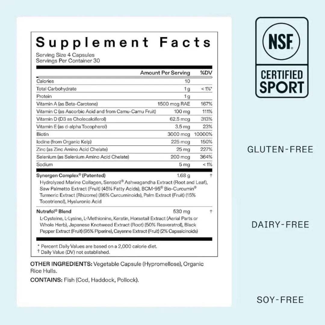Supplement facts label with NSF Certified Sport logo on a light blue background