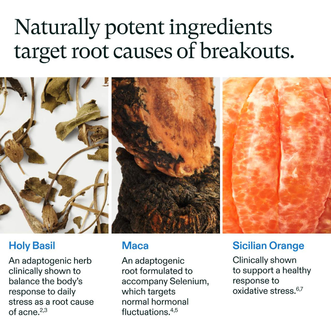Advertisement for naturally potent ingredients targeting acne causes with images of Holy Basil, Maca, and Sicilian Orange.