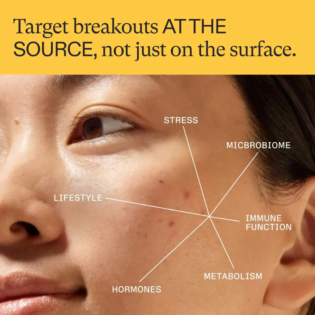 Close-up of a person's face with text highlighting factors affecting skin health on a yellow background.