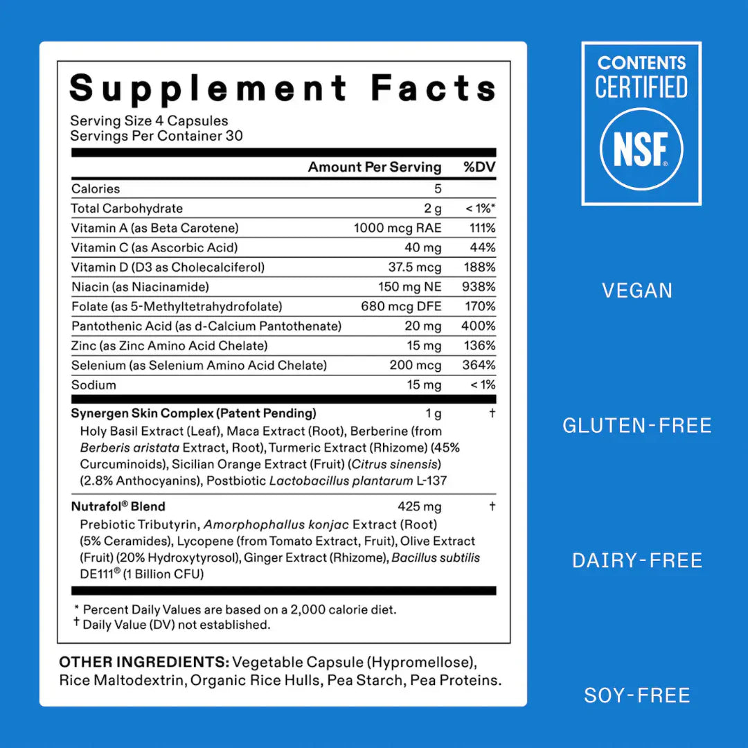 Supplement facts label with NSF certification logo on a blue background