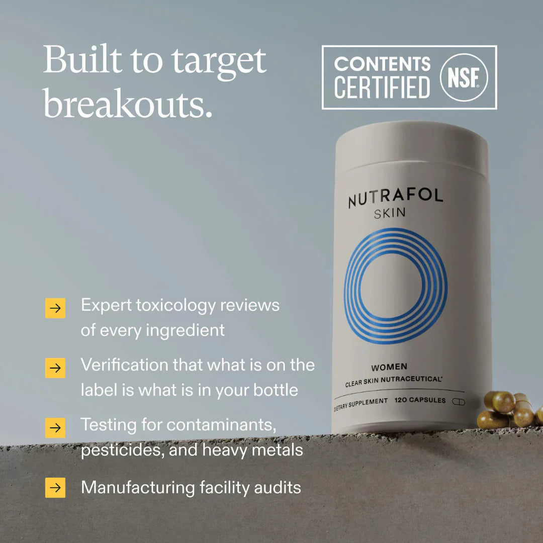 Nutrafol supplement container with certification details on a gray background