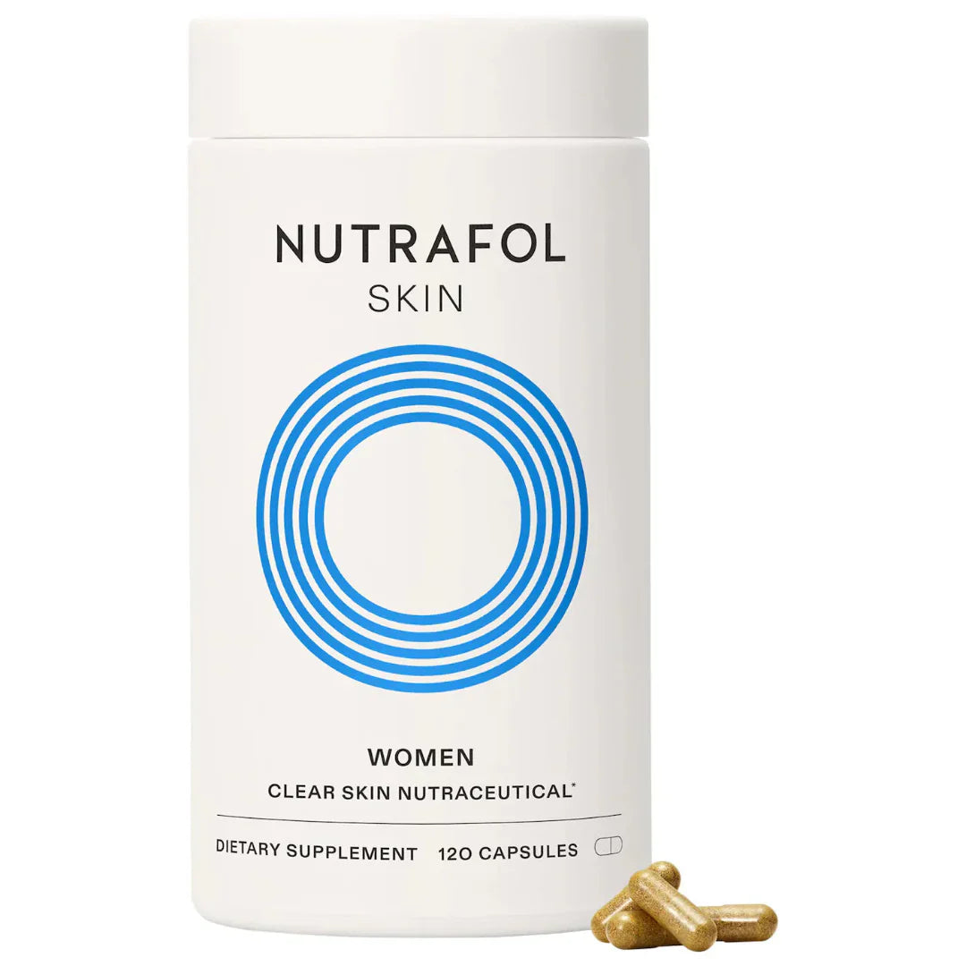 Nutrafol skin supplement container with capsules on a white background