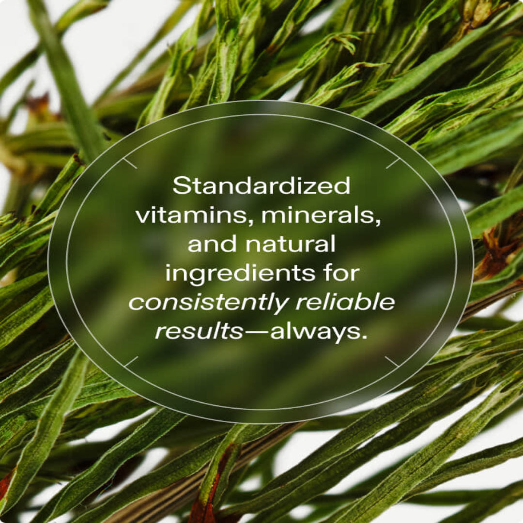 Close-up of green leaves with text about standardized vitamins and ingredients.
